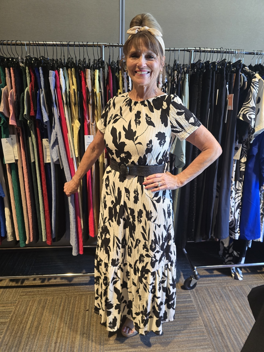 Black & White Floral Belted Maxi Crinkle Dress